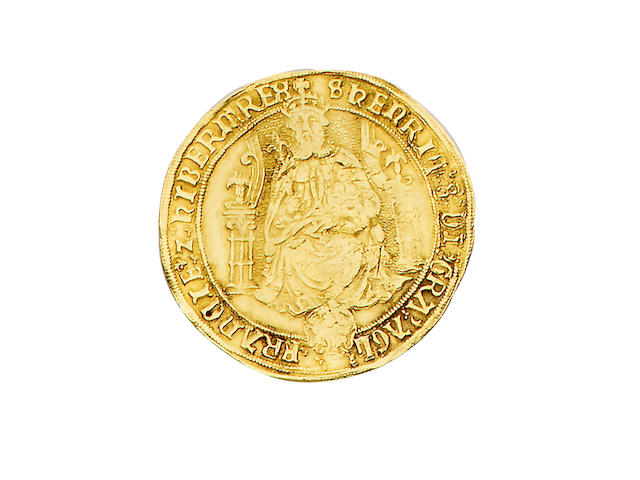 Henry VIII, third coinage (1544-47), Sovereign, 12.2g, Southwark mint, small module, king with bearded portrait seated facing on throne, holding orb and sceptre, throne with curved sides, rose at feet, HENRIC 8 DI GRA AGL AGL FRANCIE Z HIBER REX,