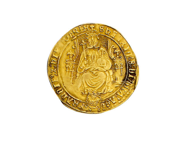 Henry VIII, third coinage (1544-47), Sovereign, 12.4g, Southwark mint, small module, king with bearded portrait seated facing on throne, holding orb and sceptre, throne with curved sides, rose at feet, HENRIC 8 DI GRA AGL FRANCIE Z HIBER,