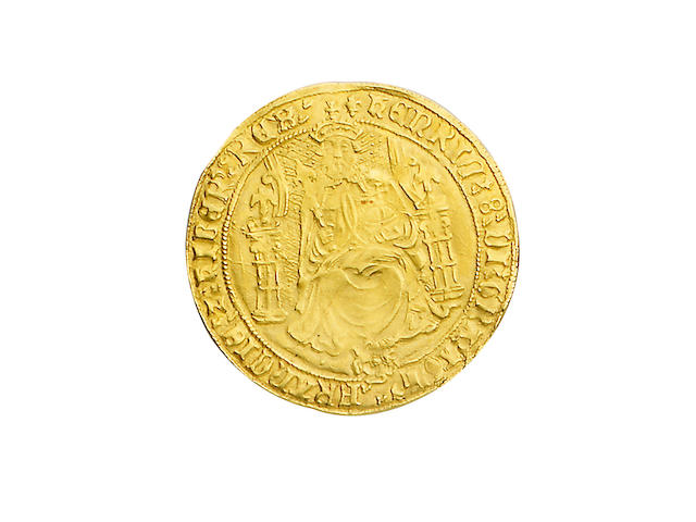 Henry VIII, third coinage (1544-47), Sovereign, 12.2g, Tower mint, type II, king with bearded portrait seated facing on throne, holding orb and sceptre, throne with curved sides, rose at feet, HENRIC 8 DI GRA AGL FRANCIE Z HIBER REX,
