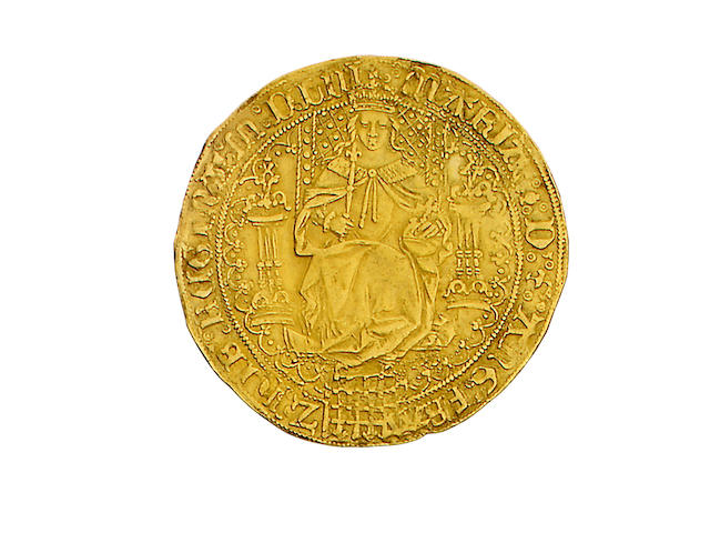 Mary, Sovereign, 15.3g, queen enthroned holding orb and sceptre, portcullis at feet, date MDLIII at end of legend,