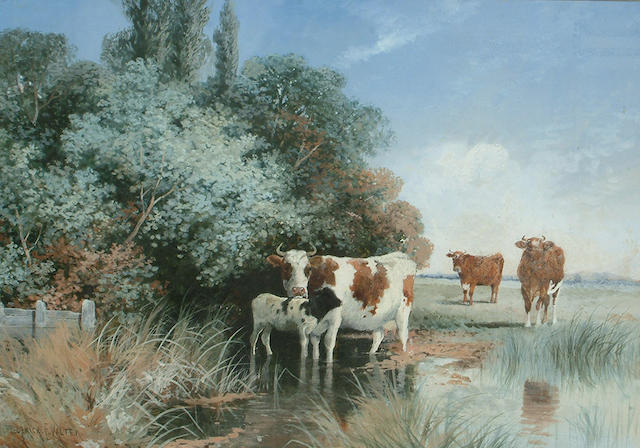 Frederick E. Valter (British, 1850-1930) Cattle watering, 32 x 45.2cm (12 1/2 x 17 3/4in)