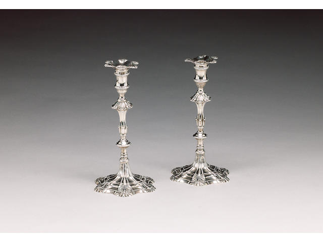 An early pair of George III cast silver candlesticks, with maker's Thomas Hannam & John Crouch, see Jacksons p.212, London 1766,