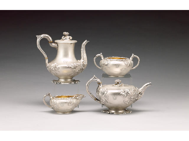 A matched William IV silver four piece tea and coffee service, tea and coffee pots, by Mary & Richard II Sibley, London 1837, sugar bowl and cream jug, by John Figg, London 1835,