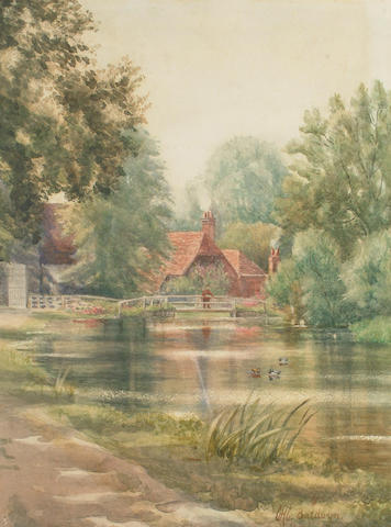 English School 19th Century, A figure fishing off a bridge, 32.5 x 24.5cm (12 3/4 x 9 5/8in)