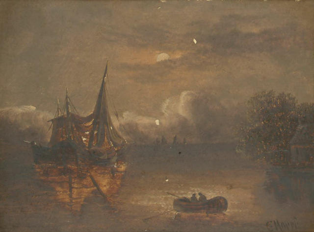 C. Morris (British, 19th Century) Boats moored in a moonlit harbour, 15 x 20cm (5 7/8 x 7 7/8in)