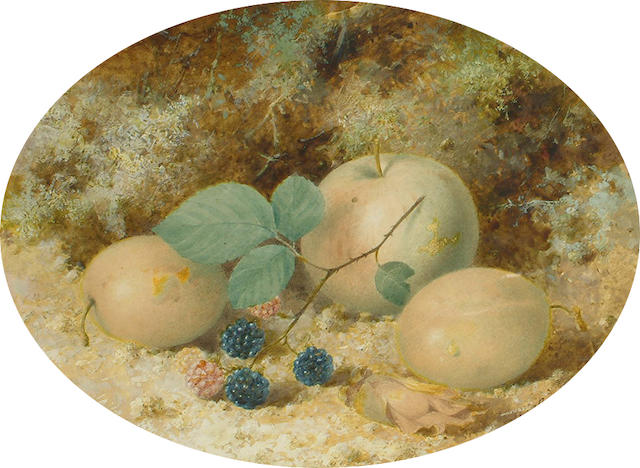 William Cruickshank (British, 1848-1922) Still life of apples, plums and berries on a mossy bank, 16 x 22cm (6 1/4 x 8 5/8in)