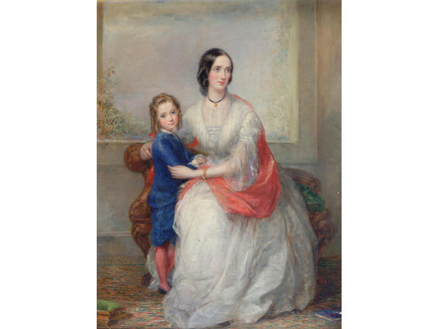 George Richmond (1809-1896) 'Portrait of Emmeline Gibb, wife of Col Charles Gibb, and her son Francis, seated in an interior' 65 x 50cm