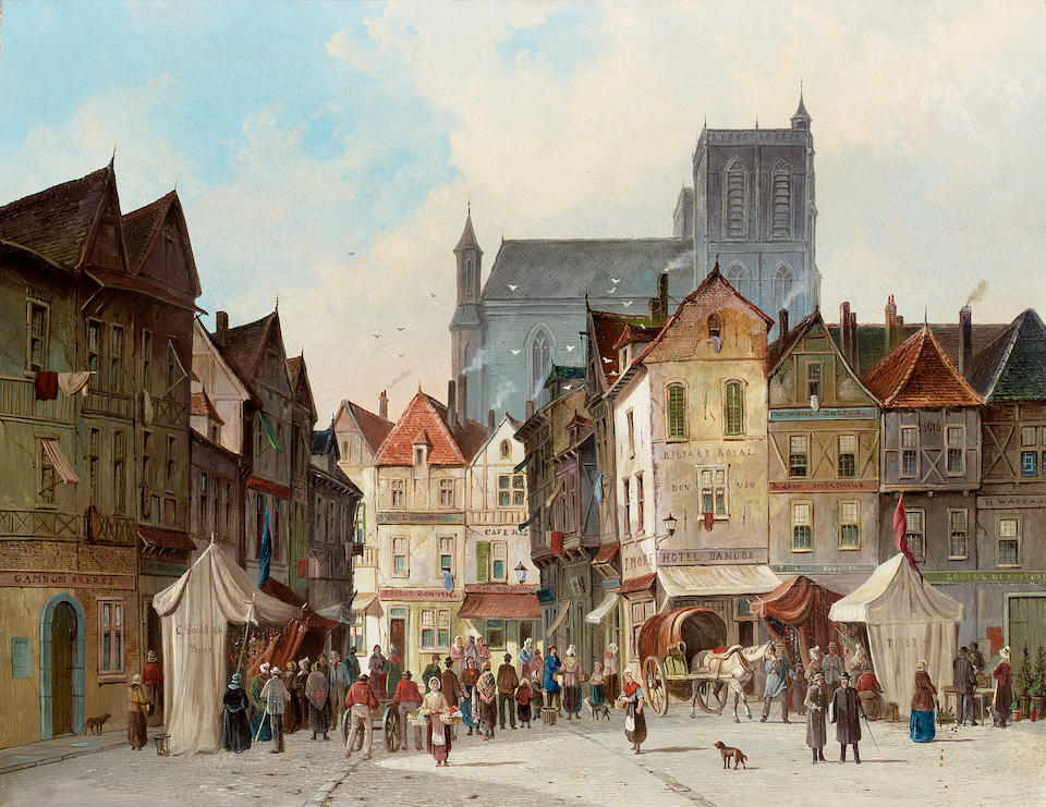 S.van der Ley (Dutch 19/20th century) A market square, Abbeville each 54.5 x 71.5 cm. (21 1/2 x 28 1/4 in.) (2)