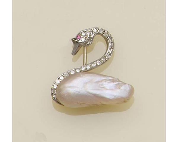 A baroque pearl and diamond swan brooch