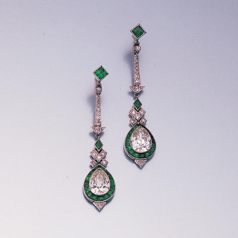 A pair of diamond and emerald pendent earrings,