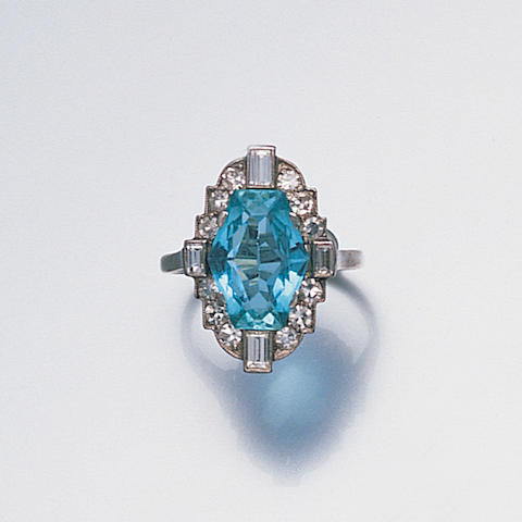 An art deco aquamarine and diamond dress ring,