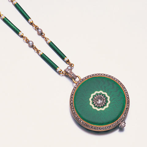 An enamel and diamond fob watch and chain, by Cartier,