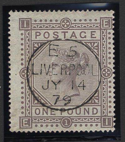 1867-78 wmk. Maltese Cross: &#163;1 brown-lilac EI, neatly cancelled by Liverpool c.d.s., off-centre, otherwise very fine.