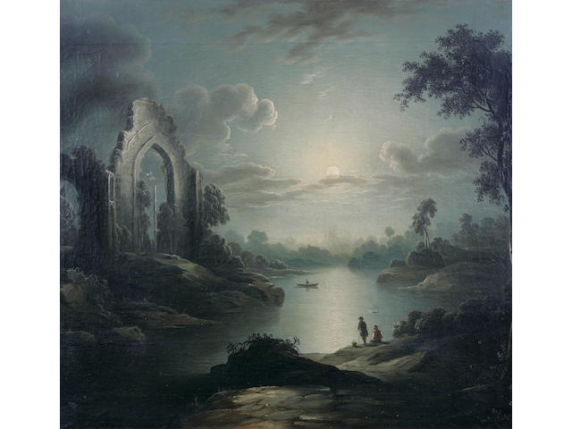 Follower of Abraham Pether a pair of moonlit lakeland landscapes,oil on canvas,one torn, 49.5x59.5cm