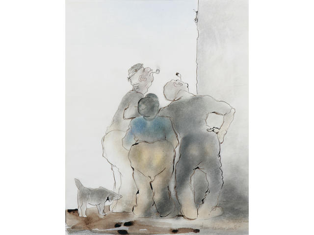 Edmund Blampied (Jersey 1886 - 1966) 'Three Labour Seats',  three men watching a snail climbing a wall, a dog behind them, 42.2 x 32.5cm.