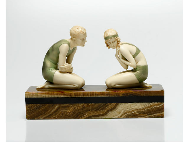 Ferdinand Preiss 'The Bathers' a Fine Cold-Painted Bronze and Carved Ivory Figural Group, circa 1925