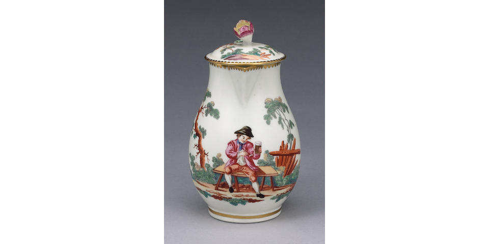 An important Worcester milk jug and cover decorated in the Giles workshop circa 1765-68