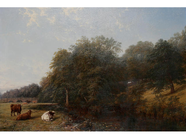 Thomas Baker of Leamington (1809-1869) British Cattle resting by a river, a bridge beyond, near Warwick, signed and dated 'T. Baker 1847', oil on canvas, 50 x 75cm (19&#190; x 29&#189;in).