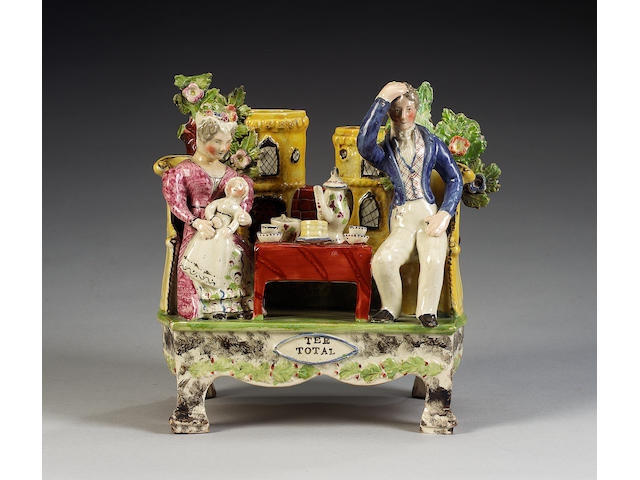 A titled pearlware 'Tee Total' table base group , circa 1830,
