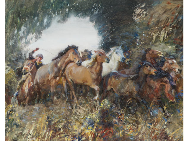 Sir Alfred James Munnings P.R.A., R.W.S. (1878-1959) Helter Skelter 44 x 54.3 cm. (17 3/8 x 21 3/8 in.) (unframed)