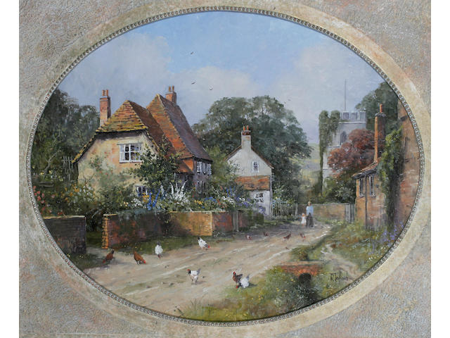 Richard Telford (b. 1950) British, A Dorset village scene, figures on a path; a Dorset village scene, figures outside a cottage,