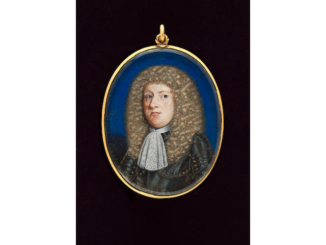 English School, A Nobleman, wearing silver armour with gilt studs, white lace jabot and curled full-bottomed wig