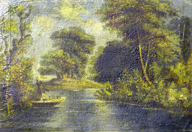 19th Century oil on canvas Depicting a Man Fishing from a Punt Amongst a Wooded Landscape in modern gilt frame, 28.5cm x 38.5cm.
