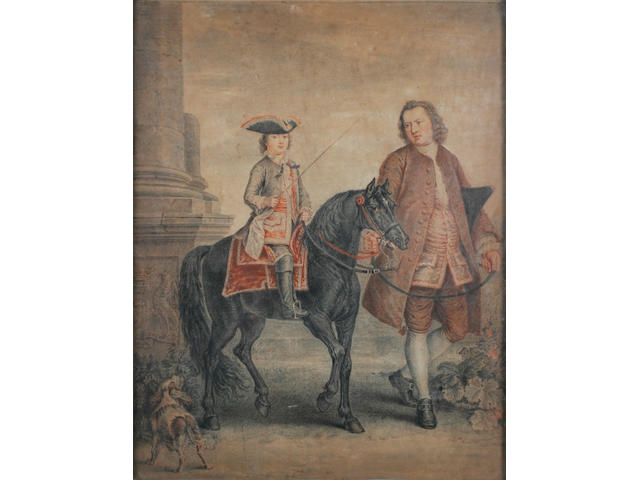 English School, circa 1780 Portrait of John Manners, 5th Duke of Rutland, upon a black pony, a manservant holding the bit, a spaniel watching on,