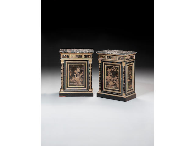 A fine pair of Empire ormolu-mounted Japanese black and gold lacquer pewter-inlaid ebony Side Cabinets attributed to Fran&#231;ois-Honor&#233;-Georges Jacob and Georges Jacob, differences to the side pilaster mounts