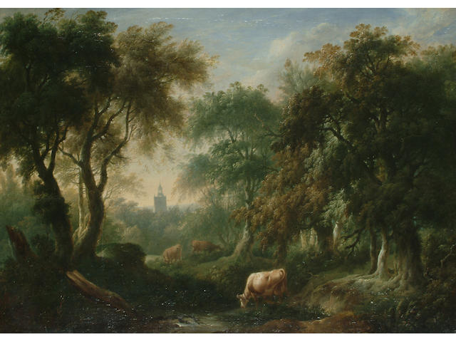 Attributed to Charles Towne Cattle watering in a wooded landscape, before a tower,