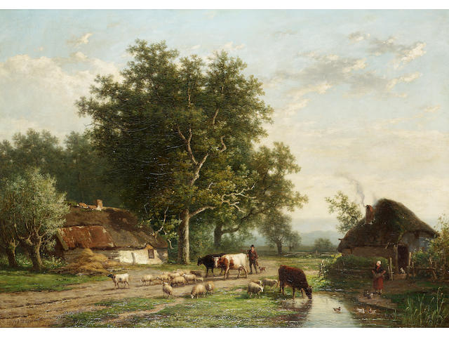 Alexander Joseph Daiwaille (Dutch 1811-1888) & Eug&#232;ne Joseph Verboeckhoven (Belgian 1798-1881) Cattle, sheep and drover on a country lane. 57.5 x 79cm (22 3/4 x 31in)