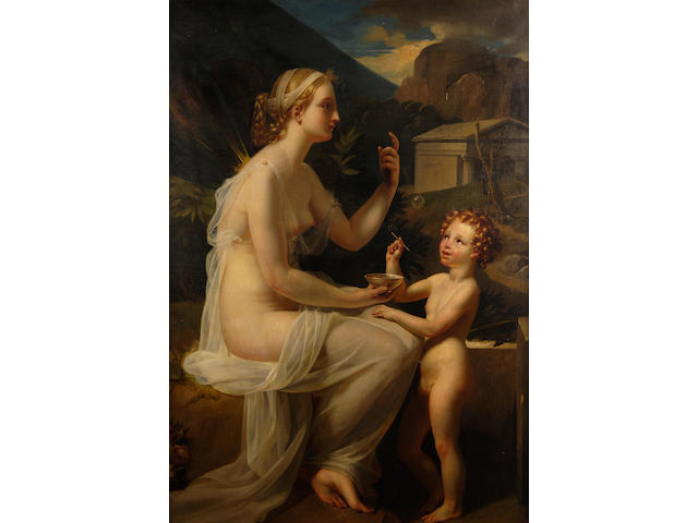 Attributed to Jean Louis Hamon (French 1821-1874) An allegorical scene with classical semi-draped nude 162.5 x 122cm (64 x 48in).