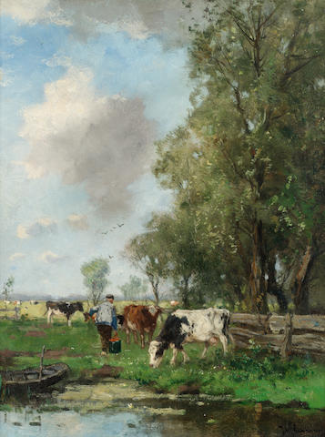 Johan Frederik Cornelis Scherrewitz (Dutch 1868-1951) Cattle watering 35 x 27 cm. (13 3/4 x 10 3/4 in.)
