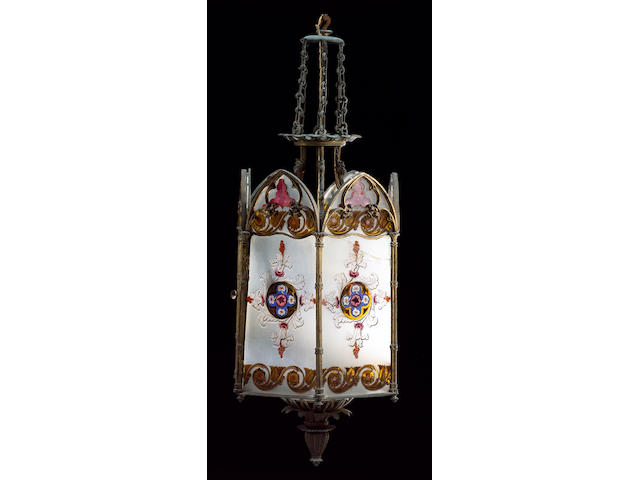 A second quarter of 19th century stained, etched, enamelled glass and gilt bronze Hall Lantern,