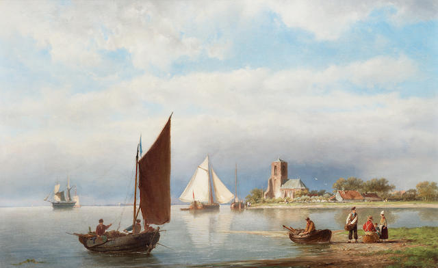Hermanus Koekkoek, Jnr. (Dutch 1836-1909) Fishing boats in a calm off the coast 41.5 x 65 cm. (16 1/4 x 25 1/2 in.)