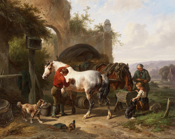 Wouterus Verschuur (Dutch 1812-1874) Grooming the mare 56 x 46 cm. (22 x 18 in.)