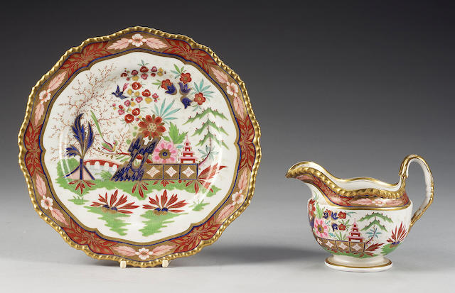 A Flight, Barr and Barr milk jug and a dessert plate, circa 1810-15