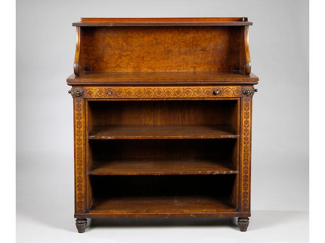 A George IV pollard oak and sycamore inlaid open bookcase,