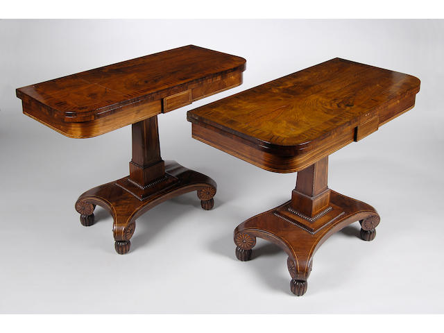 A pair of Regency rosewood crossbanded card tables,