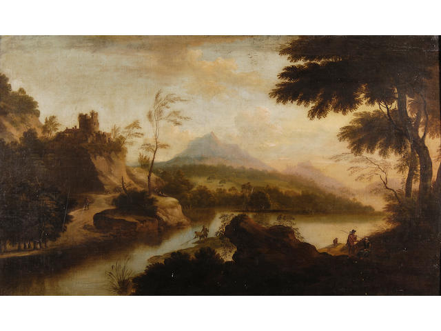 Flemish School (18th Century) Figures by the lake, with castle on the hilltop 75 x 126cm (29&#189; x 49&#189;in).
