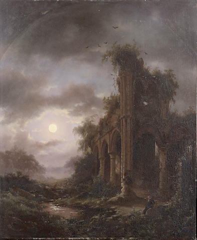 Fredrik Marinus Kruseman (Dutch 1816-1882) The ruins of the abbey of Villers-la-Ville by moonlight 36 x 29.5 cm. (14 x 11 1/2 in.)