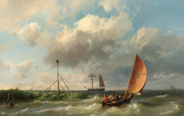Hermanus Koekkeok, Snr. (Dutch 1815-1882) A fishing vessel heading into open waters 36 x 55 cm. (14 1/4 x 21 1/2 in.)