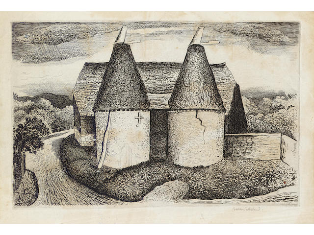 Graham Sutherland Oast House Etching, 1932, on laid, with margins, signed in pencil, no edition printed, only proofs; time staining and foxing, faint creasing, 173 x 264mm (6 3/4 x 10 3/8in)(PL) unframed