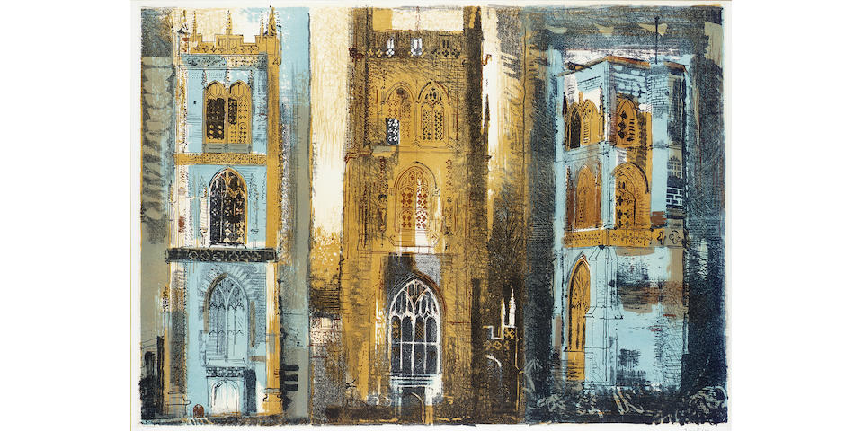 John Piper Three Somerset Towers 11 Lithograph, 1958, printed in colours, on Barcham Green paper, signed and numbered 55/70 in pencil, printed and published by Harley Brothers; faint time staining, unexamined out of the frame, 527 x 758mm (21 1/8 x 19 3/4in)(I)