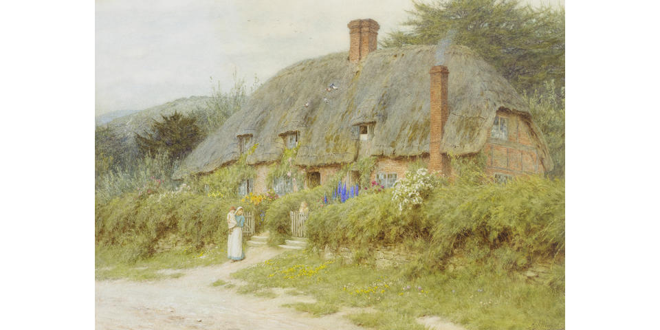Helen Allingham, R.W.S. (British, 1848-1926) Old Cottages near Downton, Wiltshire 31.5 x 44 cm. (12 1/2 17 1/4 in.)