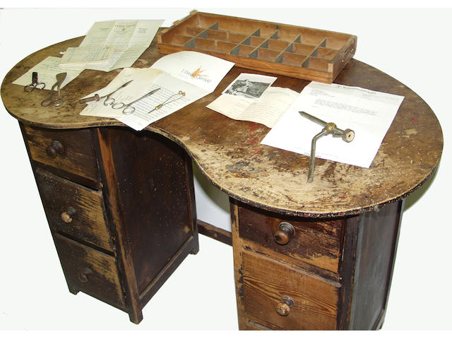 Megan Boyd&#8217;s fly tying kidney shaped kneehole workbench fitted with six drawer, related tools and correspondence