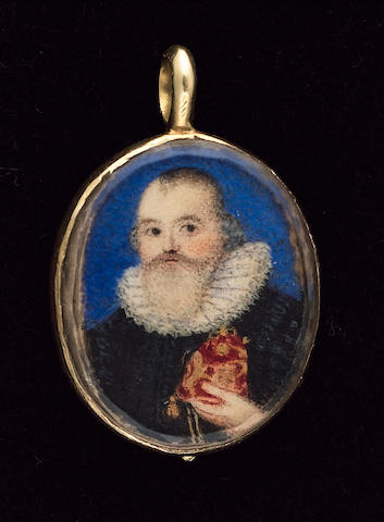English School, A Nobleman, wearing black robes and white ruff, holding a red velvet purse embroidered with gold