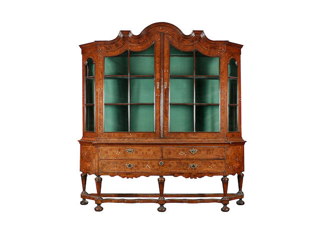 A good large 18th century Dutch walnut and marquetry display cabinet on stand