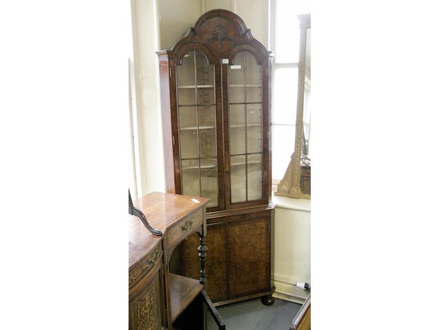 A Queen Anne style mahogany and burr walnut standing corner cupboard