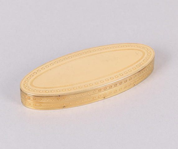 A George III gold navette-shaped toothpick case, possibly by James Morisset or John Mince, London 1793,